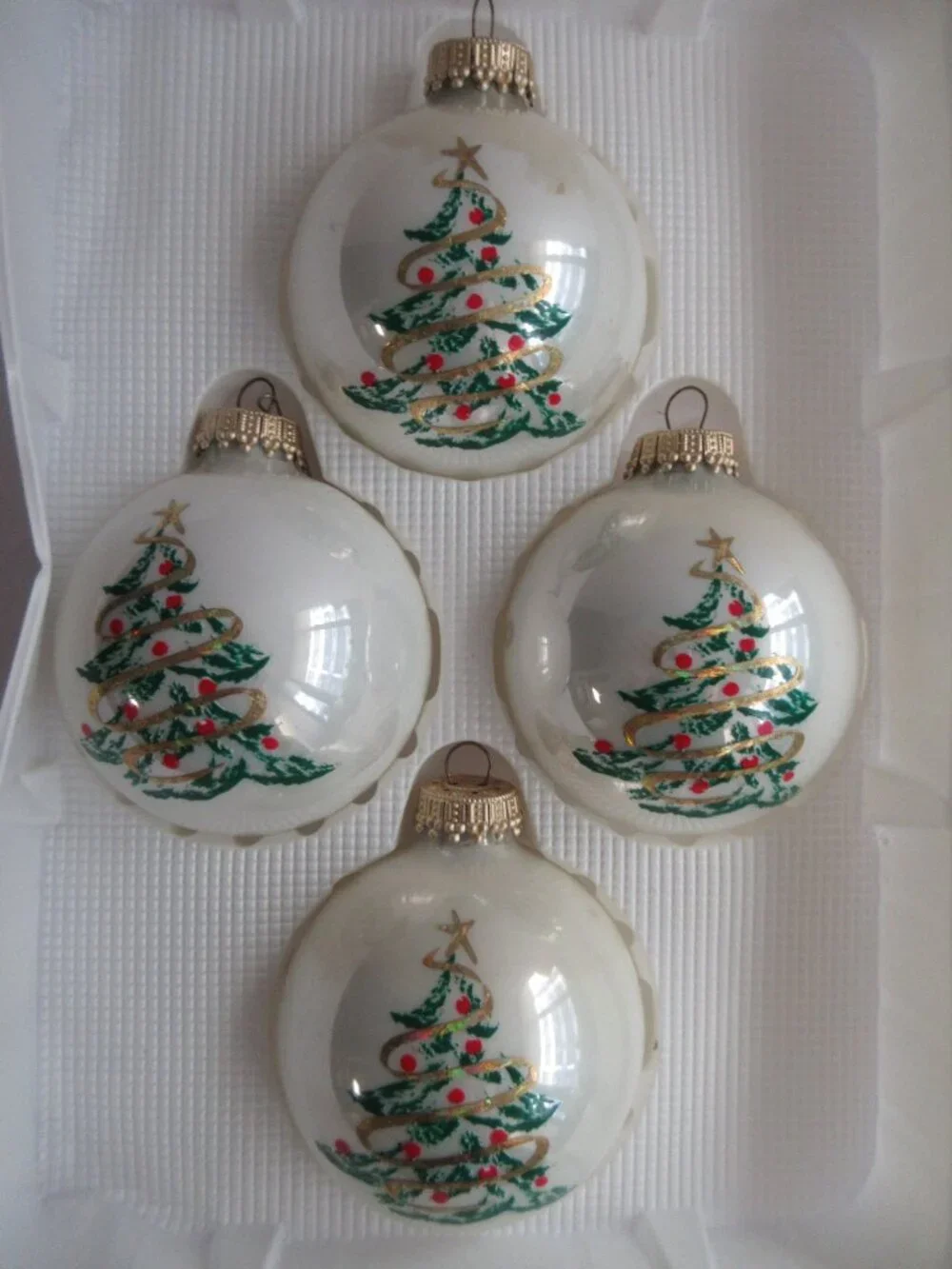 Krebs Christmas Ornament 2 Boxes of 4 Glass Balls White w/ Christmas Tree Vtg